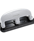 EZ Squeeze 3 Hole Punch 20 Sheet Capacity No Jam Technology, metal body with integrated ruler, front view of hole puncher.