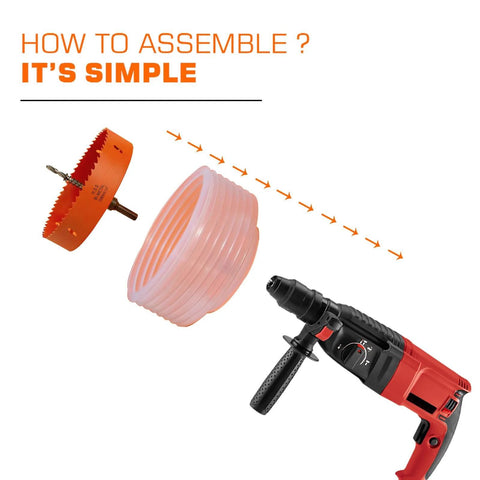 Assembly guide for Six And A Quarter Inch Hole Saw Kit With Dust Bowl For Recessed Can Lights Bi Metal Construction Includes Arbor Hex Key