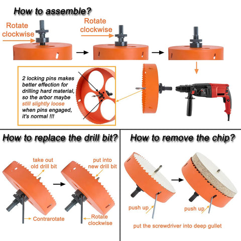 Instructions for using Six And A Quarter Inch Hole Saw Kit With Dust Bowl For Recessed Can Lights Bi Metal Construction Includes Arbor Hex Key