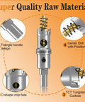 Diagram of 2-Pack 3/4 Inch Tungsten Carbide Tipped Hole Saws with detailed features, showcasing handle, chip flute, TCT tip, and pilot bit.