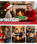Collage showing festive family moments exchanging gifts for Father's Day and Christmas, featuring smiling people around a Christmas tree and fireplace.