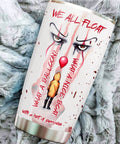 Holiday Horror Tumbler 20oz With Lid featuring Pennywise text design for horror movie lovers, double wall vacuum travel mug, spooky gift.