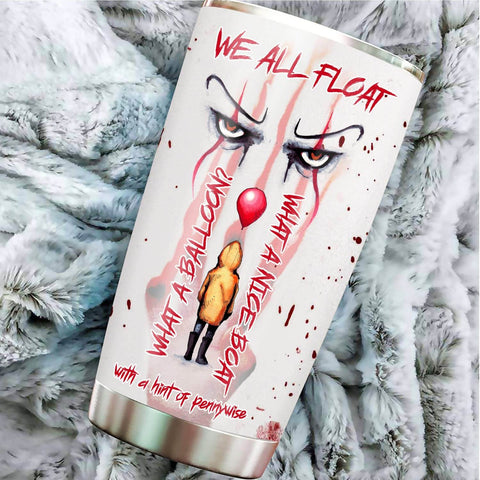 Holiday Horror Tumbler 20oz With Lid featuring Pennywise text design for horror movie lovers, double wall vacuum travel mug, spooky gift.
