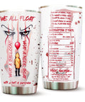 Holiday Horror Tumbler 20oz With Lid, featuring spooky clown design, double wall vacuum travel mug for hot or cold drinks, BPA free.