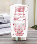 Holiday Horror Tumbler 20oz With Lid, white clown design, spooky text, double wall vacuum, stainless steel travel mug on table