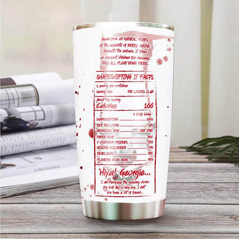 Holiday Horror Tumbler 20oz With Lid, white clown design, spooky text, double wall vacuum, stainless steel travel mug on table