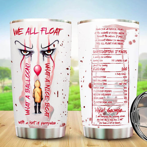 Holiday Horror Tumbler 20oz with lid featuring spooky clown artwork, double wall vacuum travel mug for horror movie lovers, BPA free.