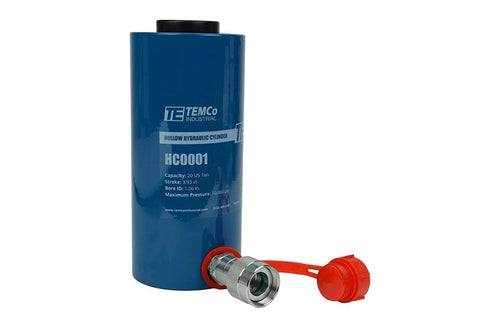 Hollow Hydraulic Cylinder Ram 20 TON 4 Inch Stroke (Optional Tonnages Availiable) in blue, side view with attached nozzle.