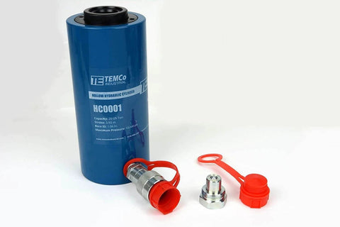 Hollow Hydraulic Cylinder Ram 20 TON 4 Inch Stroke, blue with red cap, suited for hydraulic systems and repair work.