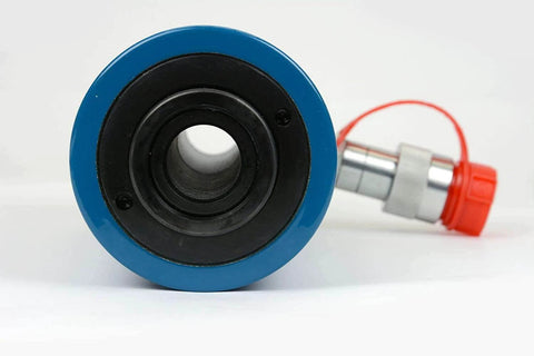 Hollow Hydraulic Cylinder Ram 20 TON 4 Inch Stroke (Optional Tonnages Availiable) showing front view, blue and black ends.