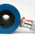 Hollow Hydraulic Cylinder Ram 20 TON 4 Inch Stroke, front view with blue and red components, designed for hydraulic systems use.
