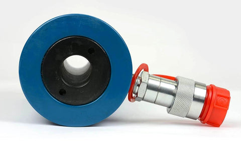 Hollow Hydraulic Cylinder Ram 20 TON 4 Inch Stroke, front view with blue and red components, designed for hydraulic systems use.