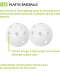 9" Hollow Plastic Baseballs - Athletic Baseball Equipment - Practice Baseballs Plastic Hollow - Regulation Size Balls - Fun for All Ages - Lightweight/Durable - Pack of 12, close-up of two white hollow baseballs