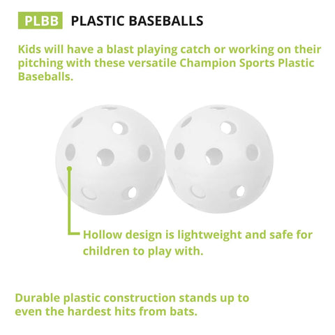 9" Hollow Plastic Baseballs - Athletic Baseball Equipment - Practice Baseballs Plastic Hollow - Regulation Size Balls - Fun for All Ages - Lightweight/Durable - Pack of 12, close-up of two white hollow baseballs