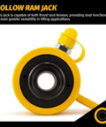Close-up of yellow 20 ton Hydraulic Hollow Jack Cylinder 2’’ Stroke Porta Power Ram Industrial Lifting Jack Retract Automatically
