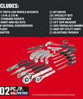 102-Piece Home And Auto Tool Kit With Low Profile 72-Tooth Ratchet And Five Degree Swing, tools displayed on red background.