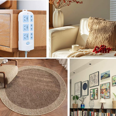 Collage of a power strip on a wooden surface, a cozy living room with a knitted throw, a round woven rug, and a decorated wall.