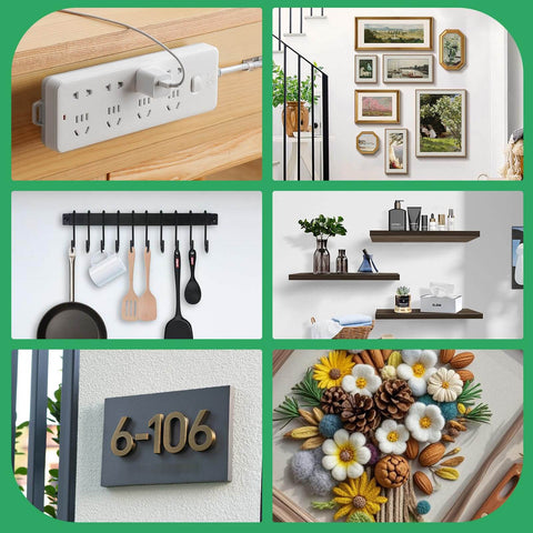 Collage of home and decor items featuring a power strip, wall art, kitchen rack, floating shelves, house number, and floral crafts
