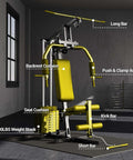 Home Gym System With 100 Lbs Weight Stack Multifunctional Weight Machine in a room showcasing yellow cushions and steel frame.