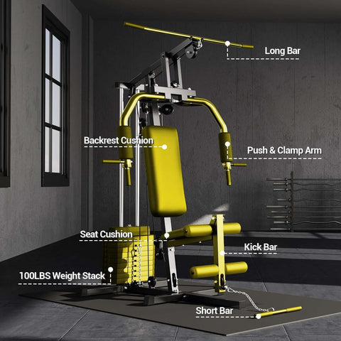 Home Gym System With 100 Lbs Weight Stack Multifunctional Weight Machine in a room showcasing yellow cushions and steel frame.
