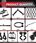 Complete Cable Machine Attachments Set For Home Gym Including Lat Pulldown Bar Tricep Rope V Handle V Shaped Bar Straight Rotating Bar Two Single D Handles Two Cable Machine Handles Two Ankle Straps And Eight Snap Hooks displayed with individual quantities.