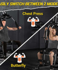 Two men using a Home Gym System with 100 Lbs Weight Stack Multifunctional Weight Machine for chest press and butterfly exercises.