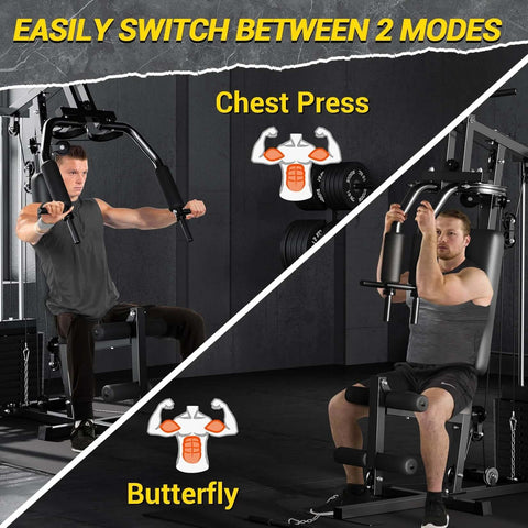 Two men using a Home Gym System with 100 Lbs Weight Stack Multifunctional Weight Machine for chest press and butterfly exercises.