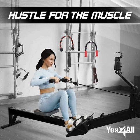 Woman using rowing machine in gym with Combo Cable Attachment Set For Home Gym Includes Tricep Rope 27 Inch Double D Handle and V Bar.