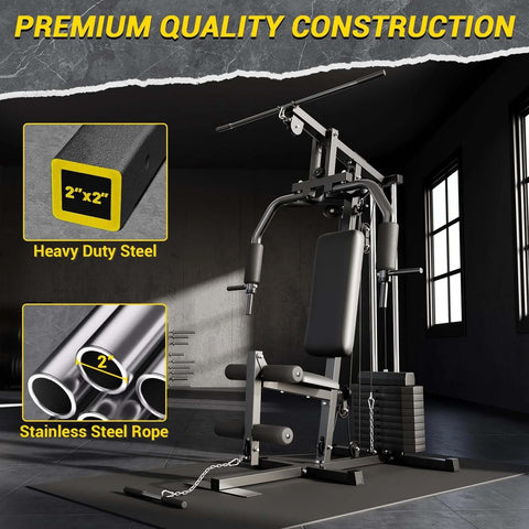 Home Gym System With 100 Lbs Weight Stack Multifunctional Weight Machine For Full Body Workouts displayed with steel frame and pulley system.