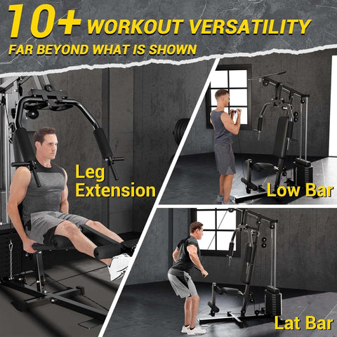 Home Gym System With 100 Lbs Weight Stack Multifunctional Weight Machine showing leg extension, low bar, and lat bar use.