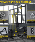 Home Gym System With 100 Lbs Weight Stack on display, highlighting pulley system, steel wire, rolling bearing, and PU cable details.