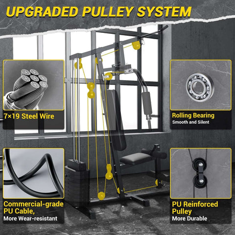 Home Gym System With 100 Lbs Weight Stack on display, highlighting pulley system, steel wire, rolling bearing, and PU cable details.