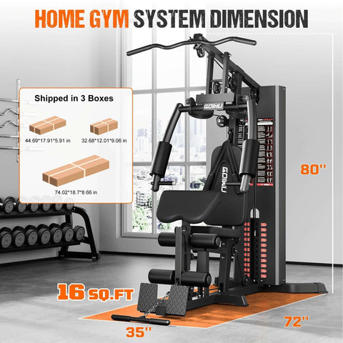 M1 Pro Workout Station with 140 lb Weight Stack, dimensions highlighted, multifunctional home gym system for strength training.
