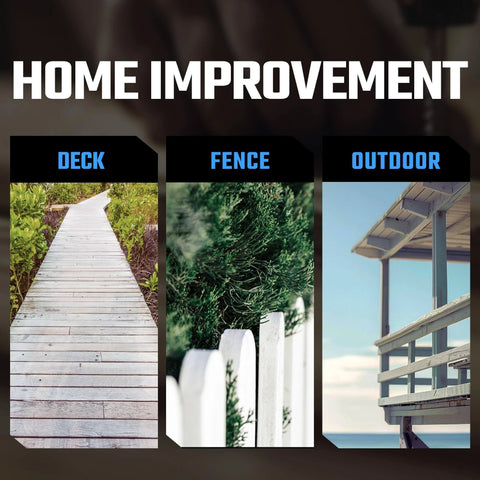 Home improvement options featuring a wooden deck, white fence, and outdoor structure for various projects.