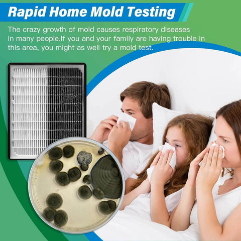 Family with tissues and mold test kit visuals, illustrating health risks. Mold Test Kit for Home - 12 Simple Detection Tests,Test HVAC System,Home Surfaces,& Indoor Air Quality Testing Kits,DIY Mold Detector at Home,Includes Detailed Mold Identification Guide,air Tester displayed.