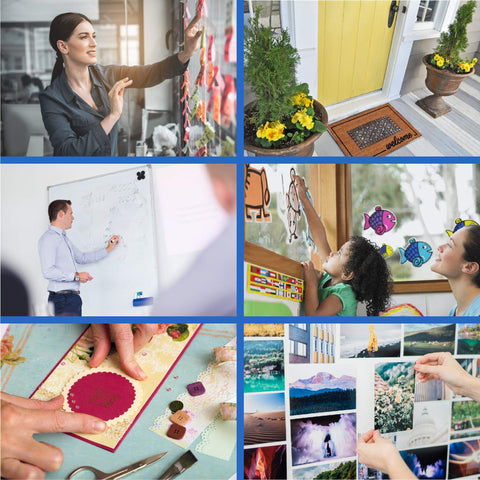 Collage of different home and office activities including crafts, teaching, child's play with decorations, and front door welcome mat.