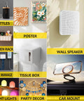 Collage of home gadgets including bottles, kitchen rack, wall speaker, cable management, tissue box, night lights, poster, car mount.
