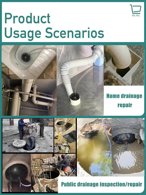 Collage showing Rubber Test Ball Sewer Test Plug Inflatable Pipe Plug For Laboratory Testing And Sewer Line Maintenance 4 Inch in various scenarios.