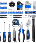 160-Piece Home Repair Tool Kit With Toolbox, Durable Chrome Steel Tools And TPR Grips, arranged in blue case.