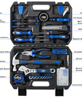160-Piece Home Repair Tool Kit With Toolbox, Durable Chrome Steel Tools And TPR Grips, in a blue case, open view showing organized tools.