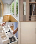 Collage of organized home spaces including a modern wardrobe, kitchen drawer with utensils, balcony with windows, and wardrobe doors.