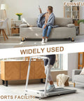 A modern living room with a woman on a sofa and a treadmill with a person exercising, showcasing home versatility and space use.
