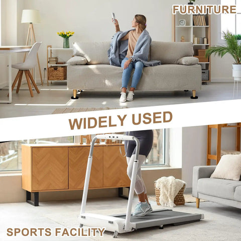 A modern living room with a woman on a sofa and a treadmill with a person exercising, showcasing home versatility and space use.