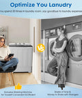 Comparison between a compact portable twin-tub washing machine and a traditional laundromat setting, highlighting home efficiency.