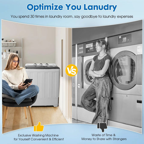 Comparison between a compact portable twin-tub washing machine and a traditional laundromat setting, highlighting home efficiency.