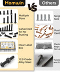 Comparison chart showing Homwin 512Pcs M6 Bolts and Nuts Kit with multiple sizes and galvanized finish versus rusty, cracked others.