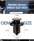 Close-up of Honda/Acura 91503-SZ3-003 POM fastener showing dimensions for the 120-Piece Honda Bumper Clips POM Fastener Kit.