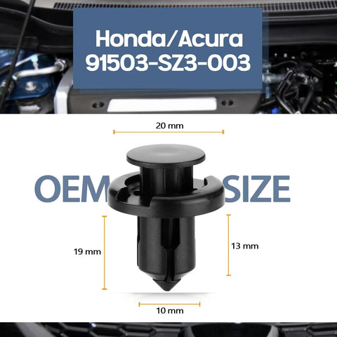 Close-up of Honda/Acura 91503-SZ3-003 POM fastener showing dimensions for the 120-Piece Honda Bumper Clips POM Fastener Kit.