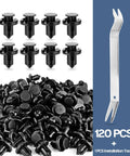120-Piece Honda Bumper Clips POM Fastener Kit For Honda Acura Accord Civic Plastic Retainer Body Fender Liner Push Pins Rivets With Tool Durable Replacement Set, showing black plastic clips and installation tool.