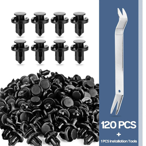 120-Piece Honda Bumper Clips POM Fastener Kit For Honda Acura Accord Civic Plastic Retainer Body Fender Liner Push Pins Rivets With Tool Durable Replacement Set, showing black plastic clips and installation tool.